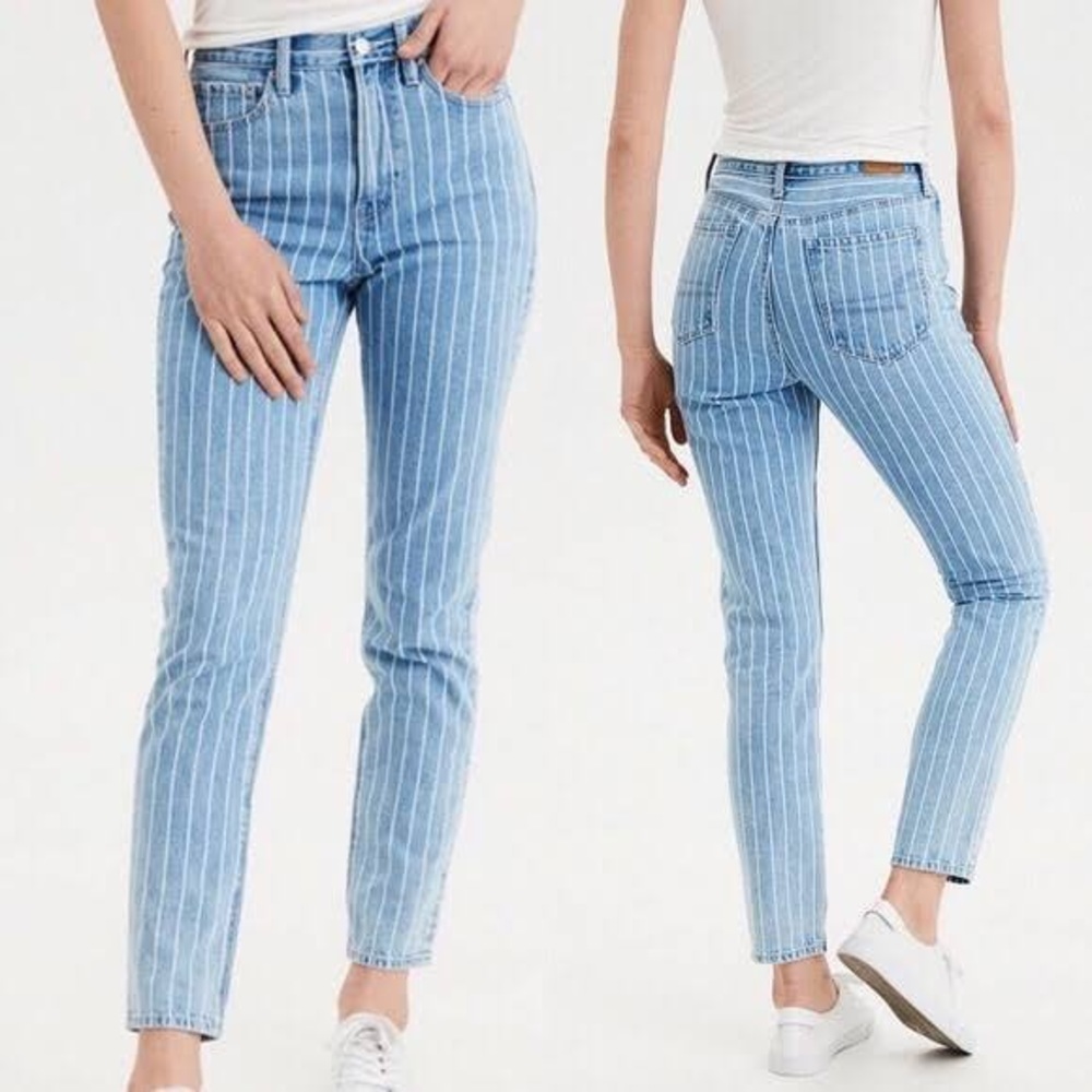 American Eagle Outfitters Striped Mom Jean Women's 6 Long High Waist Light Wash